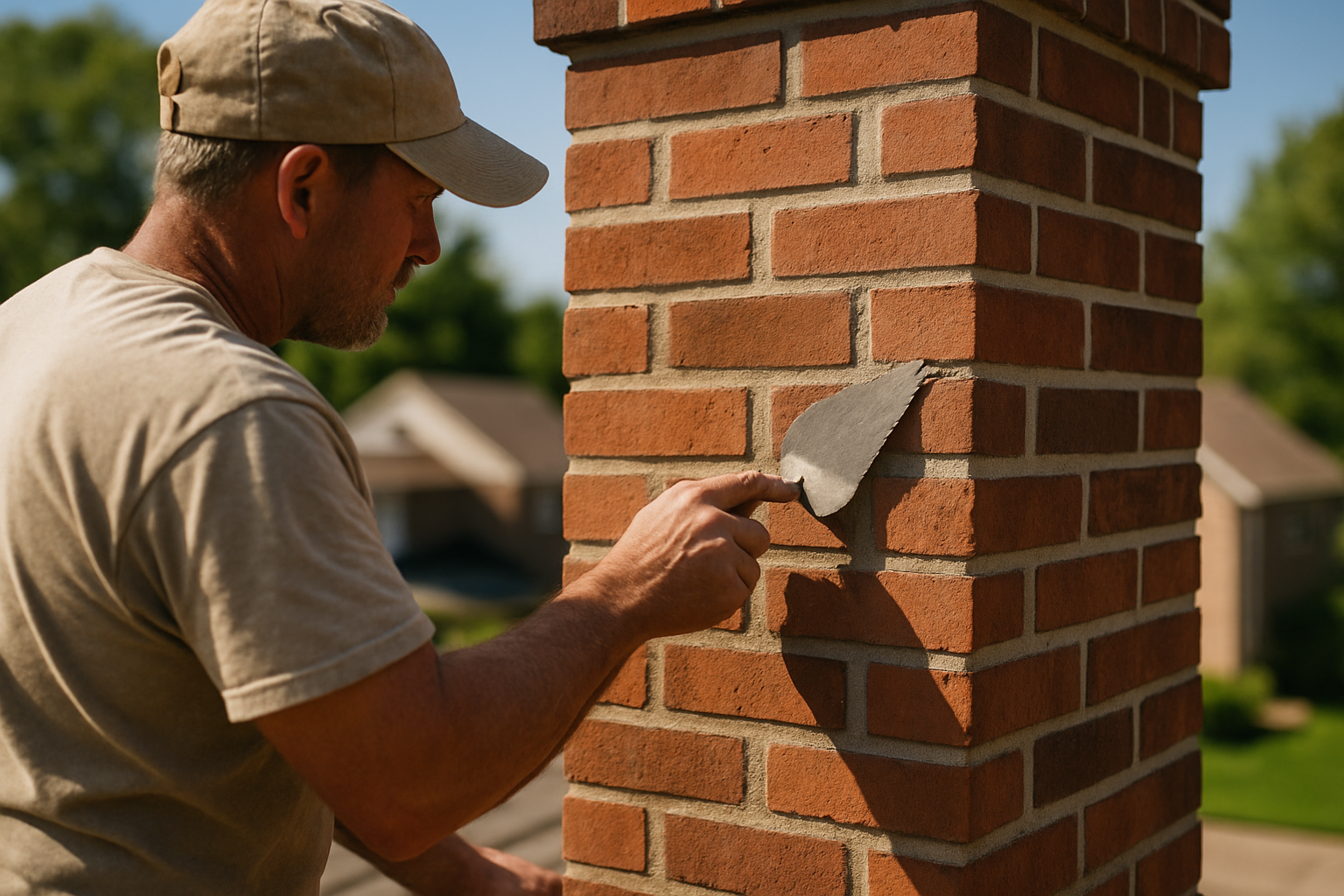 ASH Chimney technician performing brick repointing on a Cincinnati, OH home