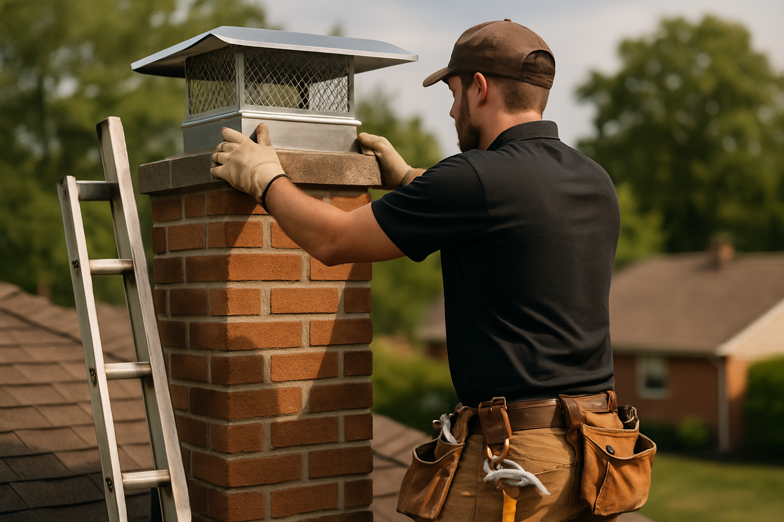 ASH Chimney technician performing cap & damper installation on a Cincinnati, OH home