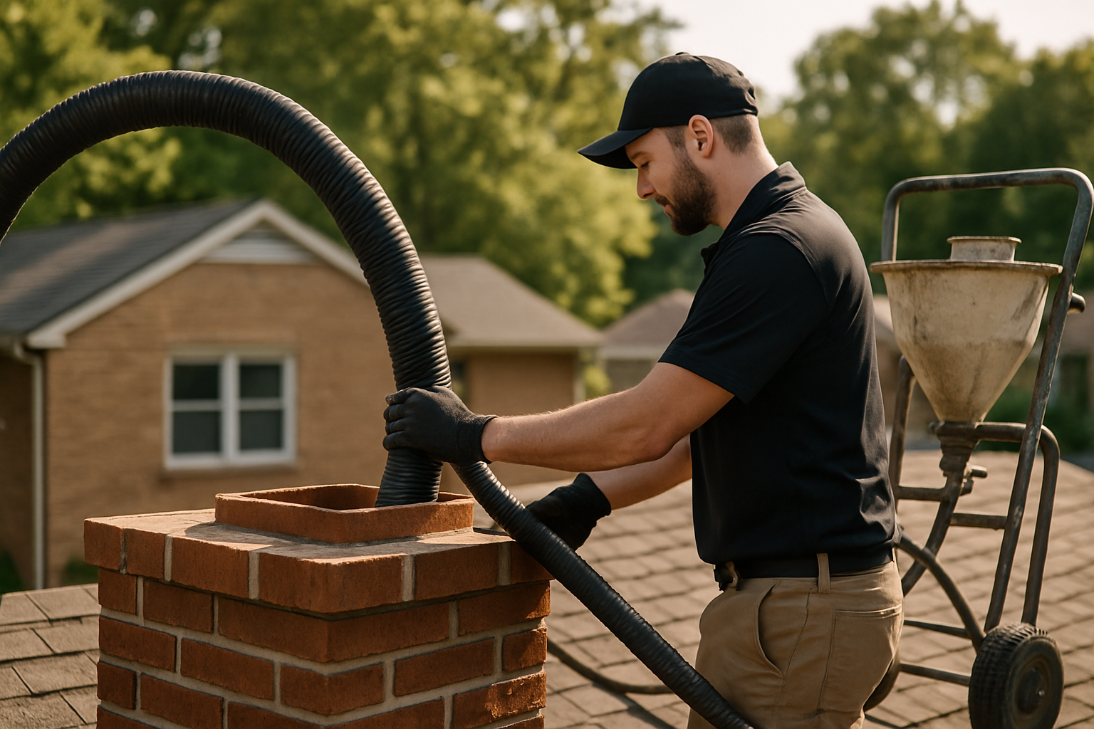 ASH Chimney technician performing cast-in-place chimney liner on a Cincinnati, OH home