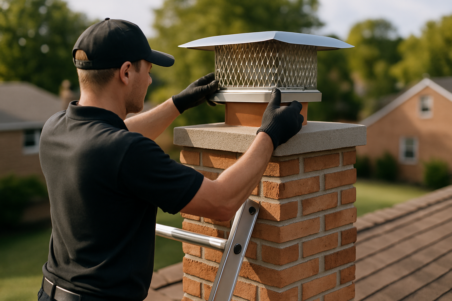 ASH Chimney technician performing chimney cap installation on a Cincinnati, OH home