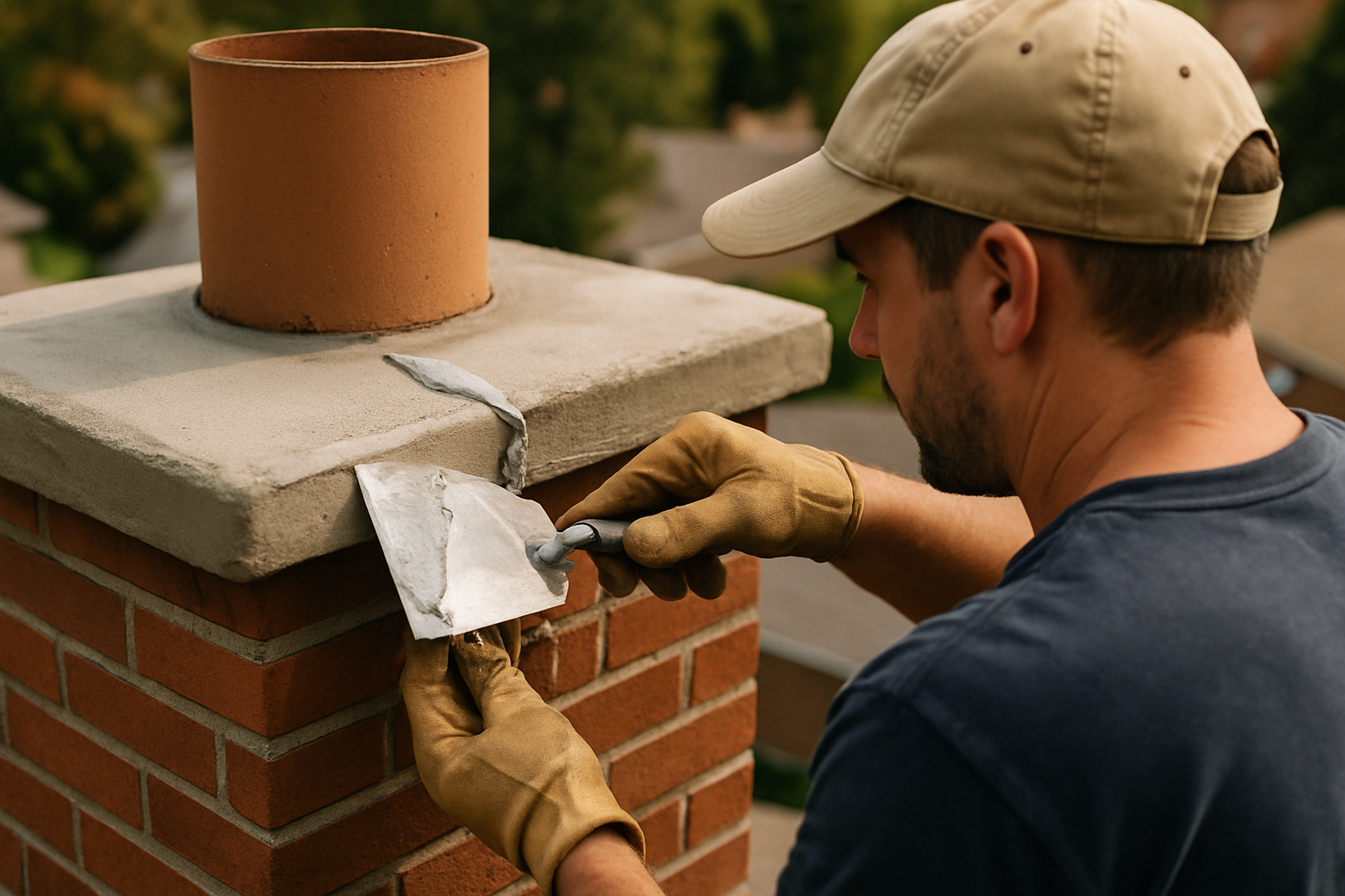 ASH Chimney technician performing chimney crown repair on a Cincinnati, OH home