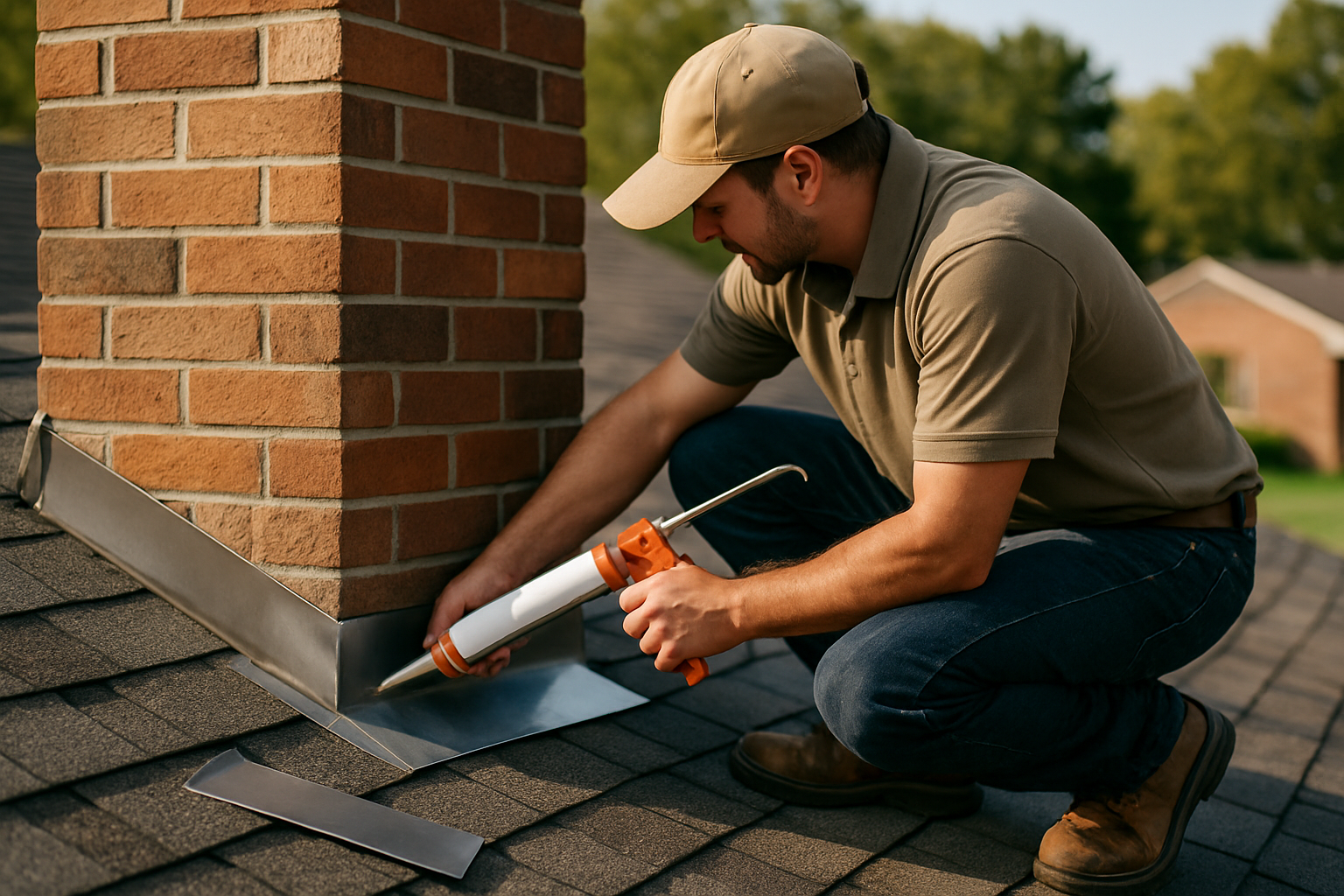 ASH Chimney technician performing chimney flashing repair on a Cincinnati, OH home