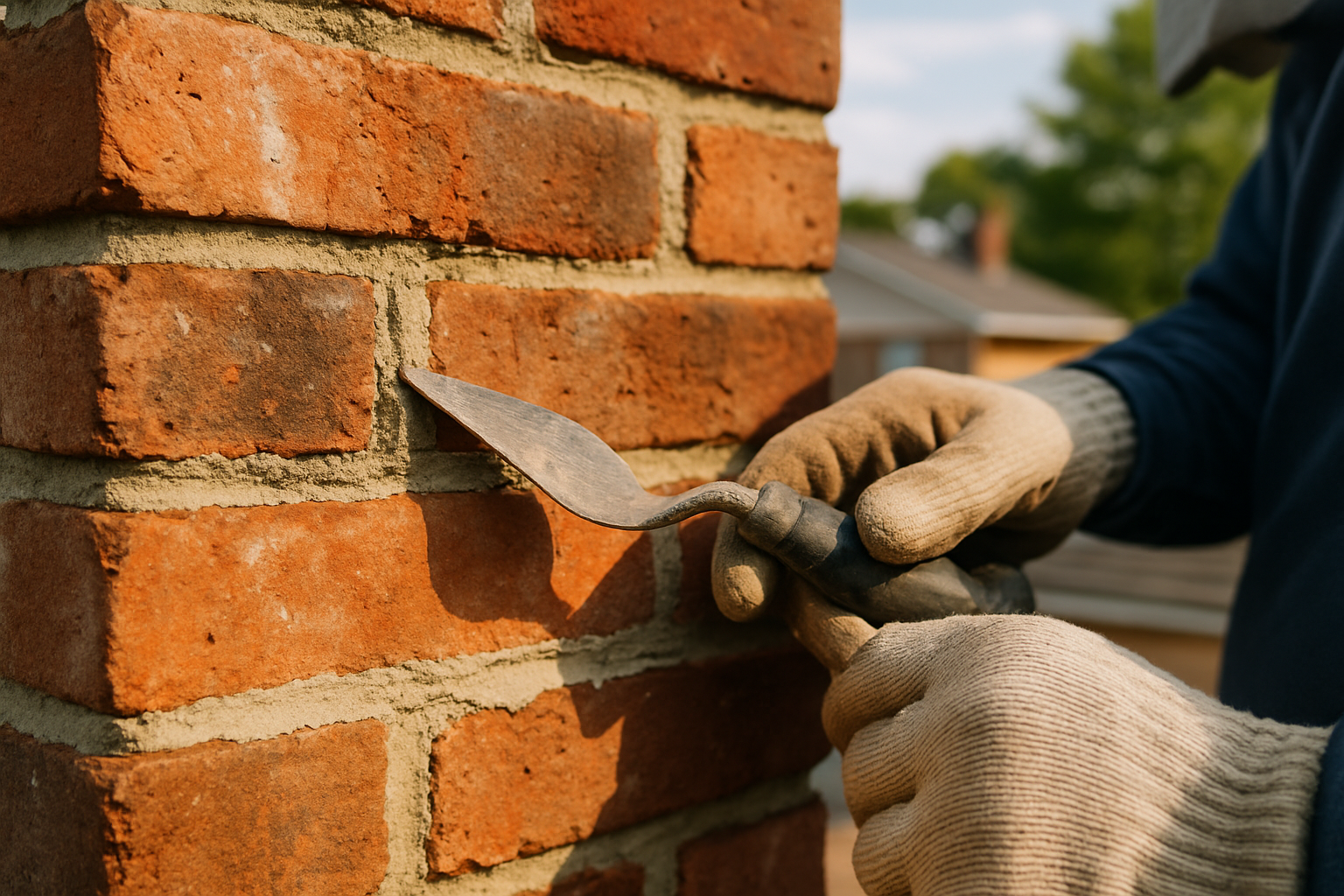 ASH Chimney technician performing chimney tuckpointing on a Cincinnati, OH home
