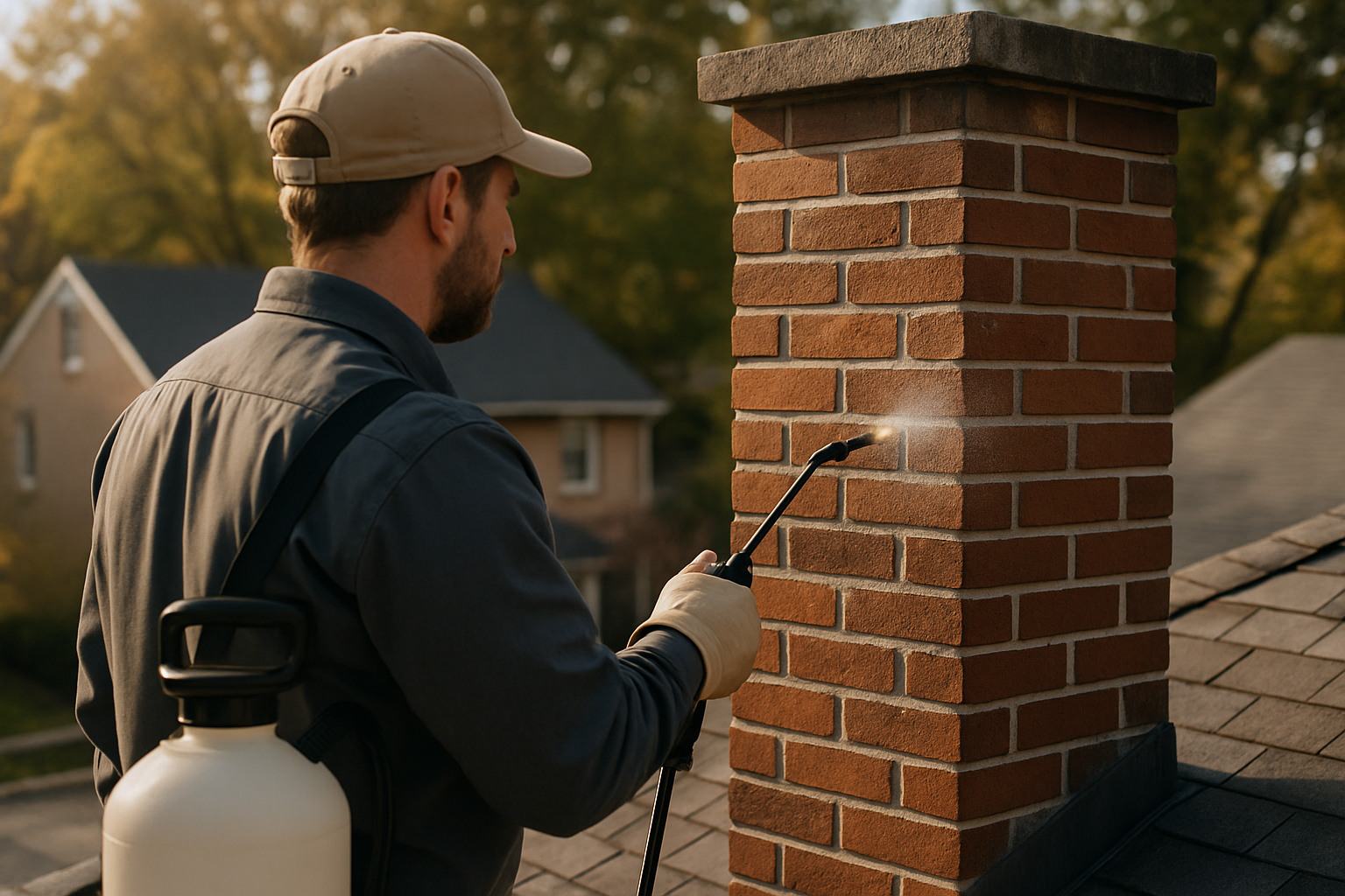 ASH Chimney technician performing chimney waterproofing on a Cincinnati, OH home