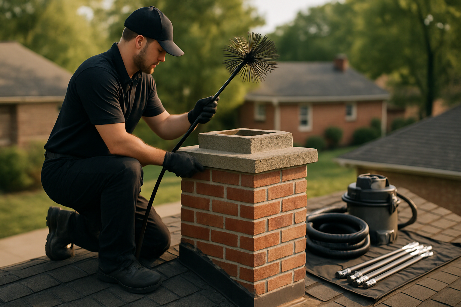 ASH Chimney technician performing chimney sweeping & cleaning on a Cincinnati, OH home