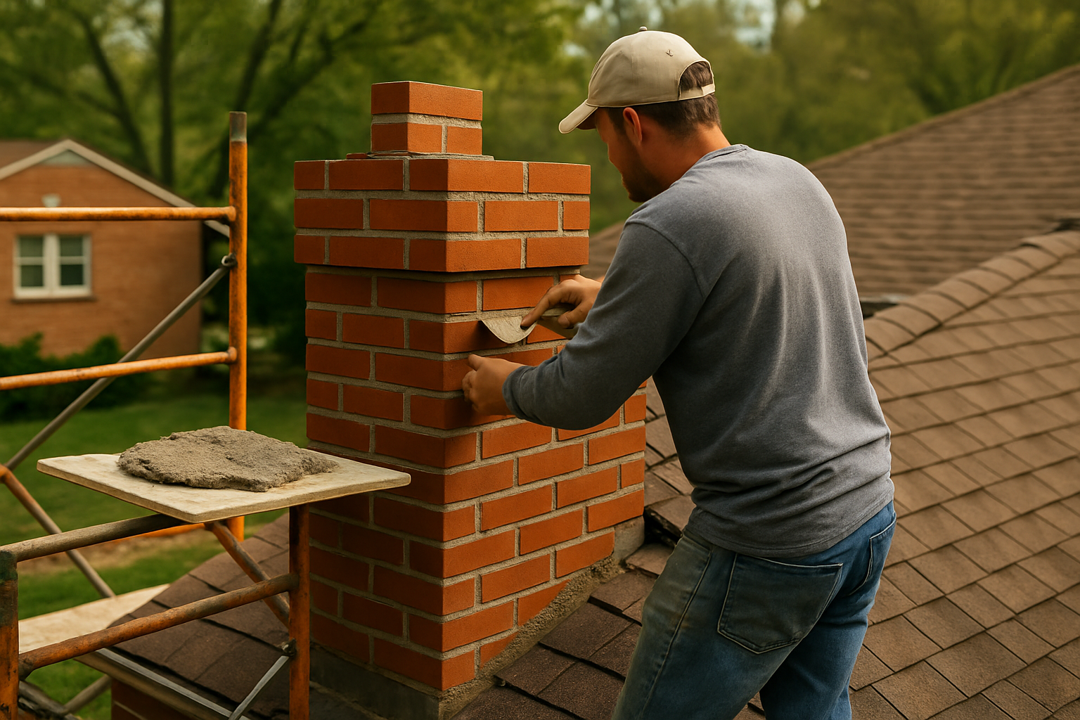 ASH Chimney technician performing full chimney rebuild on a Cincinnati, OH home