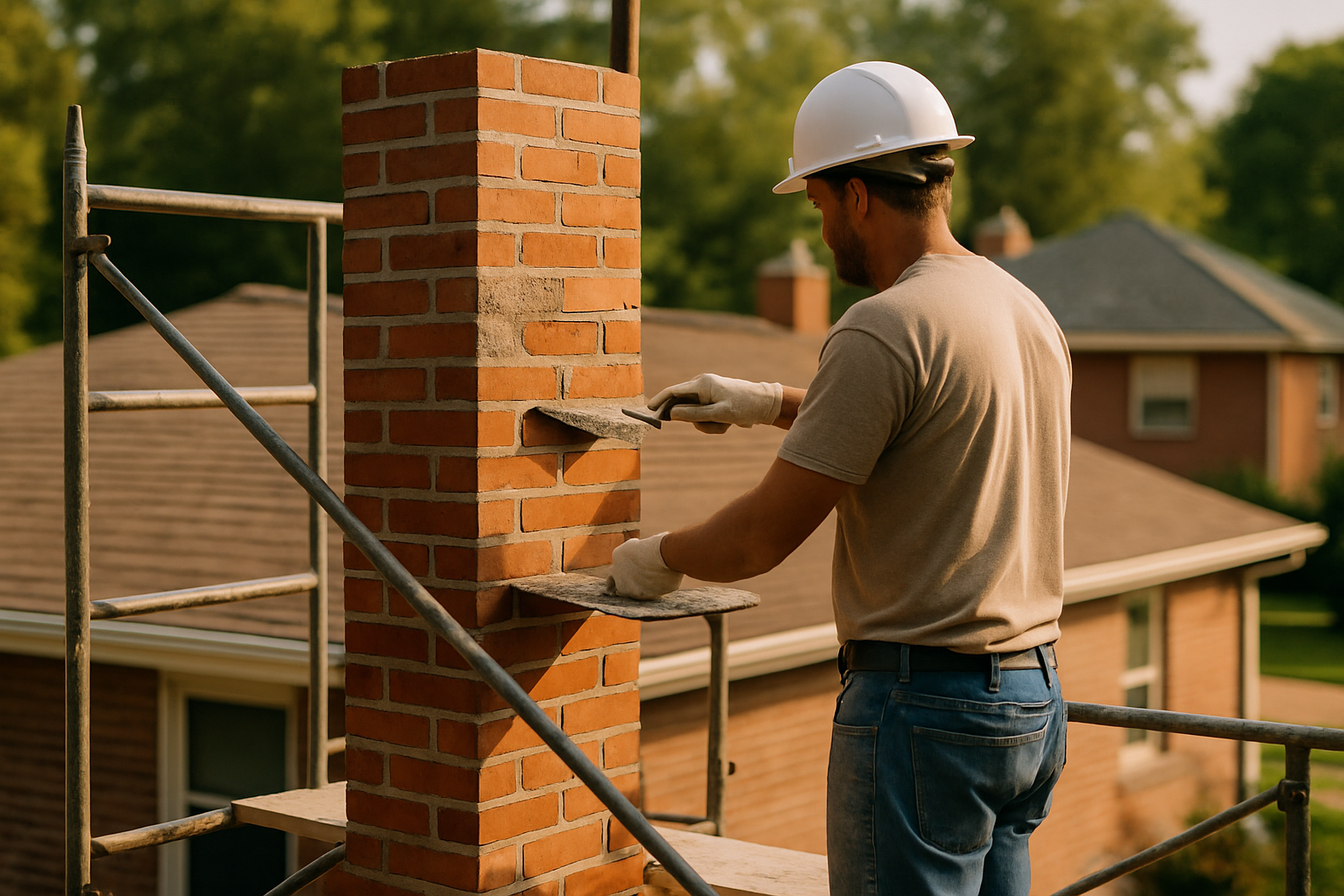 ASH Chimney technician performing masonry chimney repair & rebuild on a Cincinnati, OH home
