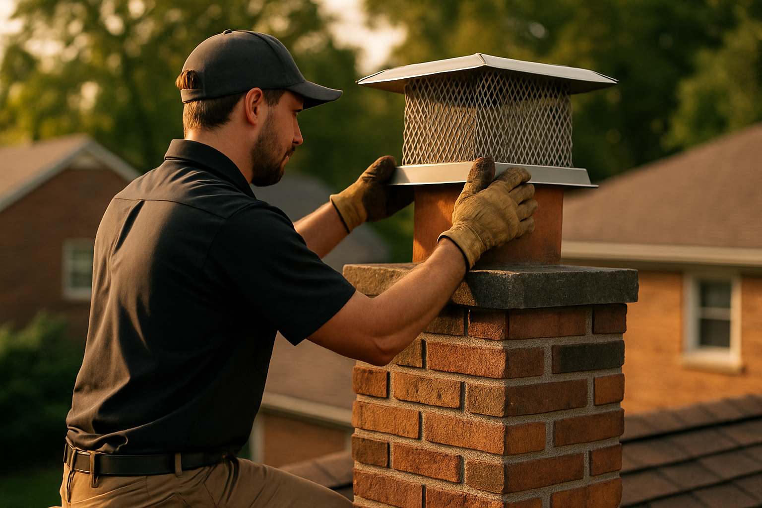 ASH Chimney technician performing spark arrestor installation on a Cincinnati, OH home