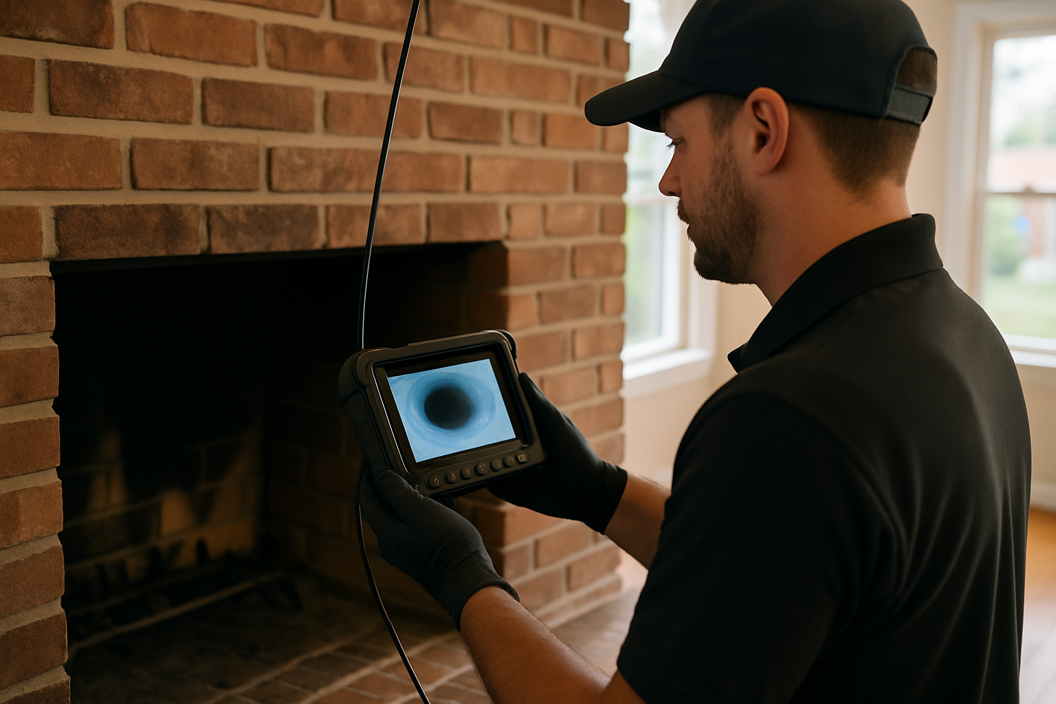 ASH Chimney technician performing video camera chimney inspection on a Cincinnati, OH home