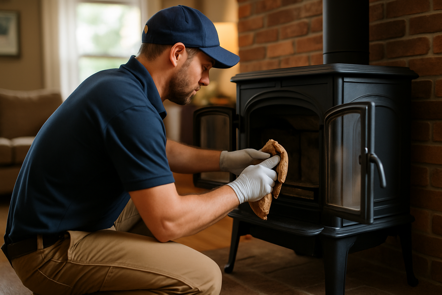 ASH Chimney technician performing wood stove cleaning on a Cincinnati, OH home